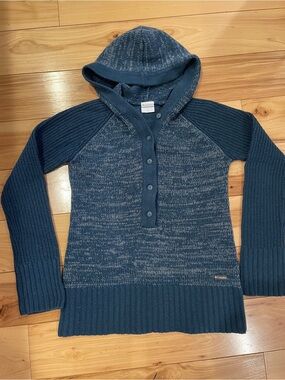 Columbia Hooded Knit Sweater XS Blue Marled Button Neck Pullover